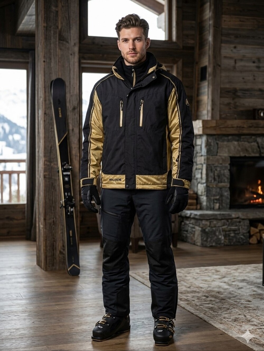 Vintage Avalanche Skiwear Custom Hifh Tech Team Jacket Black Gold Waterproof XL